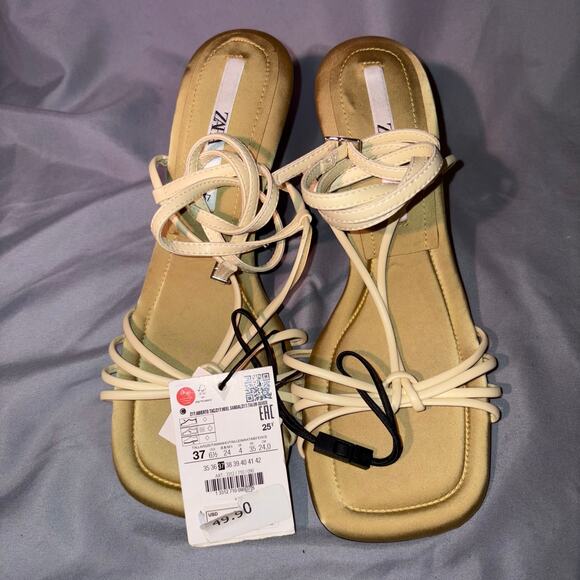 Zara Butter Yellow Strappy Lace-Up Square Toe Heels Size 6.5 NWT - Picture 7 of 7